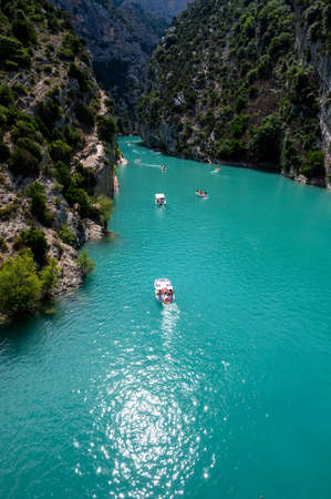 National park Grand canyon du Verdon and turquoise waters of mountains lake Sainte Croix and Verdon...