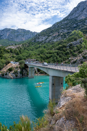 National park Grand canyon du Verdon and turquoise waters of mountains lake Sainte Croix and Verdon river, holidays in France in summerのeditorial素材