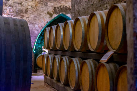Medieval underground wine cellars with old red wine barrels for aging of vino nobile di...
