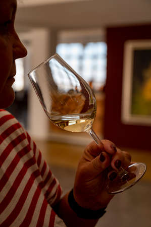 Wine industry of Cyprus island, tasting of white dry wine on old winery located on south slopes of Troodos mountain range.の写真素材