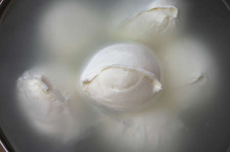 Many white balls of Italian soft cheese Mozzarella di Bufala Campana on Italian cheese farm,...