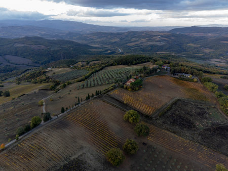 View on hills of Val d'Orcia near Bagno Vignoni, Tuscany, Italy. Tuscan landscape with cypress trees, vineyards, forests and ploughed fields in cloudy autumn.の写真素材