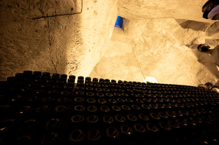 Bottles on racks in deep and long undergrounds caves, making champagne sparkling wine from chardonnay and pinor noir grapes in Reims, Champagne, Franceの写真素材