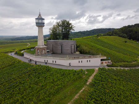 View on lighthouse and green pinot noir grand cru vineyards of famous champagne houses in Montagne de Reims near Verzenay, Champagne, wine making in Franceの写真素材