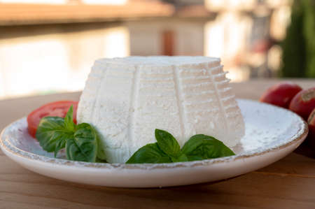 Cheese collection, white Italian soft organic cheese ricotta served with fresh tomatoes and basilの写真素材