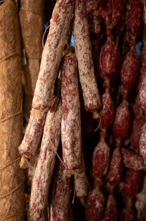Variety of homemade dried salami sausages hanging in butchery shop in Parma, emilia Romagna, Italy, meat food backgroundの写真素材