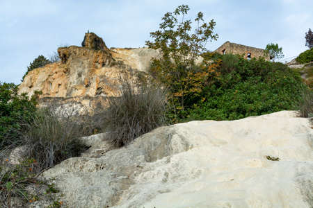 Ancient hot thermal springs and pool in nature park Dei Mulini, Bagno Vignoni, Tuscany, Italy in autumnの写真素材