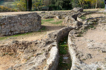 Ancient hot thermal springs and pool in nature park Dei Mulini, Bagno Vignoni, Tuscany, Italy in autumnの写真素材