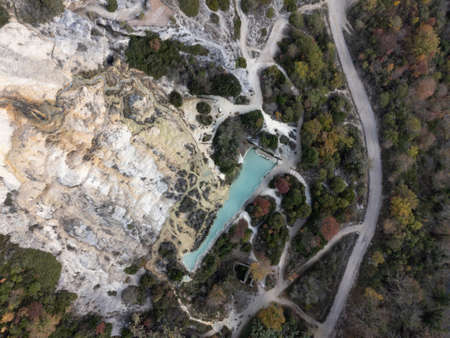 Aerial view on free hot thermal springs and pool in nature park Dei Mulini, Bagno Vignoni, Tuscany, Italy in autumnの写真素材