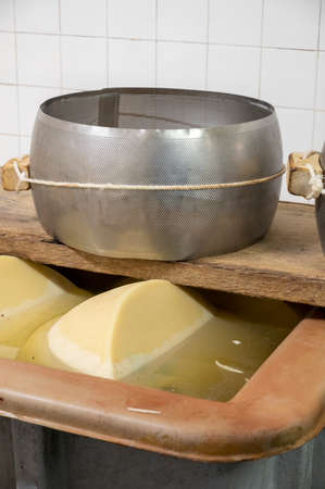 Process of making parmigiano-reggiano parmesan hard cheese on small cheese farm in Parma, Italy, wheels brining in brine bath to absorb salt for 20â25 daysの写真素材