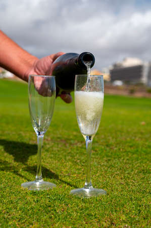 Celebration of championship with glasses of champagne bubbles wine on green lawn of golf club on Tenerife, Canary islands, Spainの写真素材