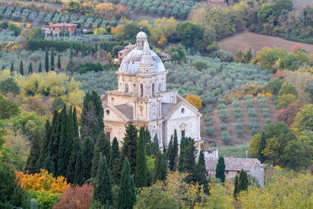View on church, hills and vineyards from old town Montepulciano, Tuscany, autumn in Italyの写真素材
