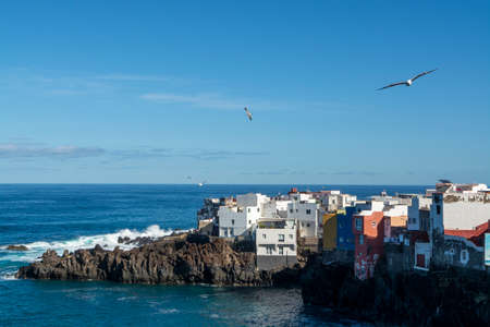 View on colorful houses and black lava rocks in small fisherman village Punta Brava near Puerto de...