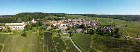 Aerial panoramic view on champagne vineyards and village Hautvillers near Epernay, Champange, Franceの写真素材