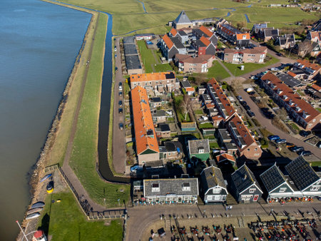 Aerial view on small Dutch town Marken with wooden houses located on former island in North Holland, Netherlands in sunny dayのeditorial素材