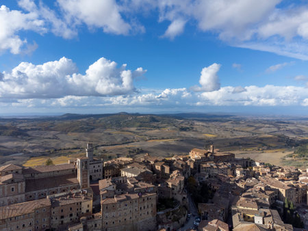 Aerial view on old town Montepulciano and hills witn vineyards, Tuscany, Italyのeditorial素材