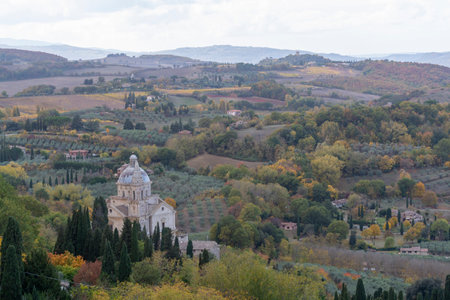View on church, hills and vineyards from old town Montepulciano, Tuscany, autumn in Italyのeditorial素材