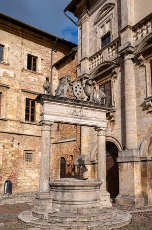 View on stone streets and houses in ancient town Montepulciano, Tuscany, Italyのeditorial素材