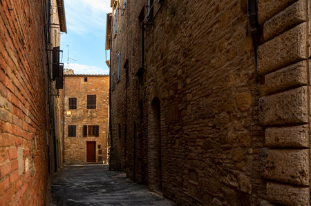 View on stone streets and houses in ancient town Montepulciano, Tuscany, Italyのeditorial素材