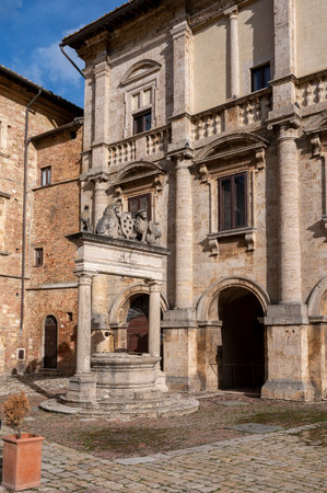 View on stone streets and houses in ancient town Montepulciano, Tuscany, Italyのeditorial素材