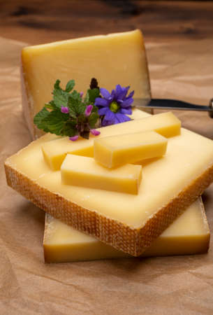 Swiss cheese collection, gruyere cheese made from unpasteurized cow's milk close upの写真素材
