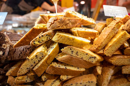 Fresh baked italian cantucci biscuits for coffee for sale on farmers marketの写真素材