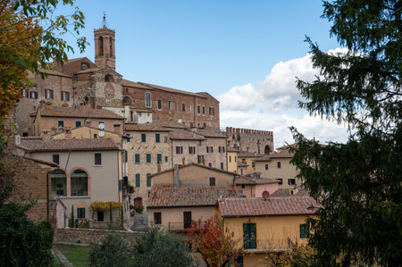 View on houses and walls of old town Montepulciano in autumn, Tuscany, Italyの写真素材