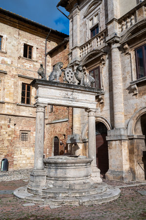 View on stone streets and houses in ancient town Montepulciano, Tuscany, Italyの写真素材