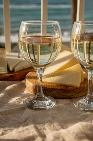 Glasses of Spanish dry white wine and manchego cheese served on outdoor terrace in sunny dayの写真素材