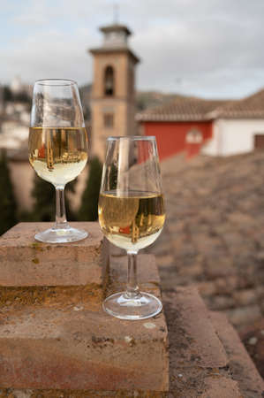 Tasting of sweet and dry fortified Vino de Jerez sherry wine with view on roofs and houses of old andalusian town, South of Spainの写真素材