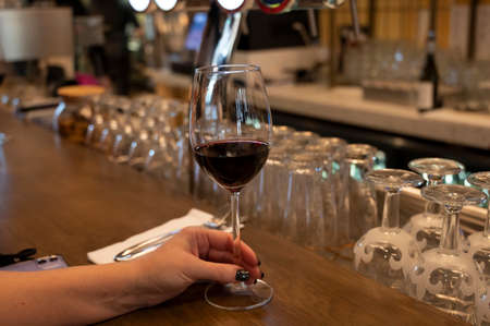 Tasting of dry Spanish tempranillo red wine in Spanish bogeda restaurant close upの写真素材