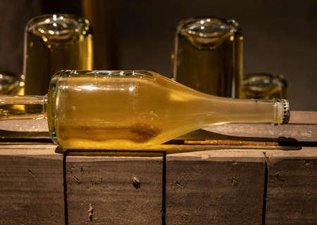 Sparkling white and rose wine production by traditional methods in underground cellars in Vienna, Austria. Sediment in bottle.の写真素材