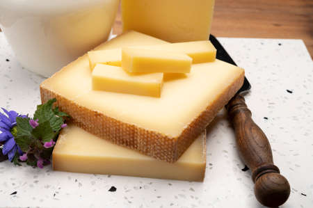 Swiss cheese collection, gruyere cheese made from unpasteurized cow's milk close upの写真素材