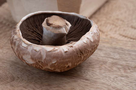 Tasty vegetarian food, large brown mushrooms Agaricus bisporus portobello mushrooms close upの写真素材