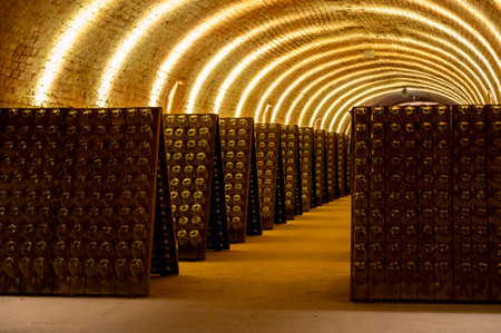 Sparkling white and rose wine production by traditional methods in underground cellars in Vienna,...