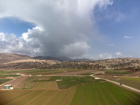 Farm fields with rows of green lettuce salad. Aerial view on agricultural valley near town Zafarraya with fertile soils for growing of vegetables, green lettuce salad, cabbage, artichokes, Andalusia, Spainの写真素材