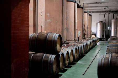 Making wine on traditional bodega in steel tanks and old wooden barrels in south part of La Palma...