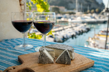 Summer party with red Provencal wine and cheeses on outdoor terrace with view on old fisherman's...