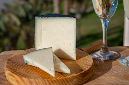 Spanish hard manchego, cow, sheep and goat cheese served outdoor in morning sunlights close up