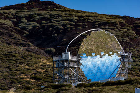 View on international space observatory and telescopes on La Palma island located on highest...