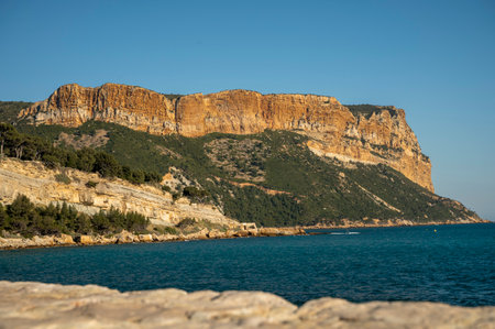 View from beach of Provencal Cassis, boat excursion to Calanques national park in Provence, France