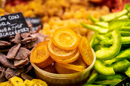 Mixed sweet colorful dried exotic fruits on Spanish farmers market, Malaga, Spain
