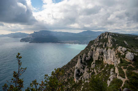 Touristic route D141 road from La Ciotat to Cassis, panoramic view on blue sea, limestone's cliffs...