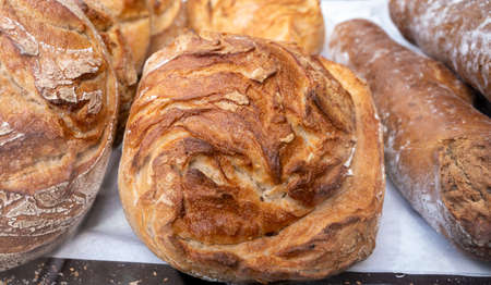 Oven baked fresh sour dough organic bread in bakeryの写真素材