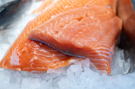 Organic wild scottish red fish salmon cleaned on ice on market