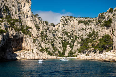 View on Calanque d'En-vau with white sandy beach near Cassis, boat excursion to Calanques national park in Provence, Franceの写真素材