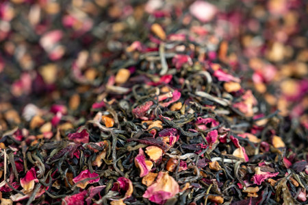 Blended black leaf dry tea with aromatic flowers, spices in tea shop in Granada, Andalusia, Spain