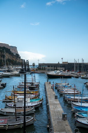 Sunny day in april in South of France, view on old fisherman's port with boats and colorful buildings in Cassis, Provence, Franceのeditorial素材