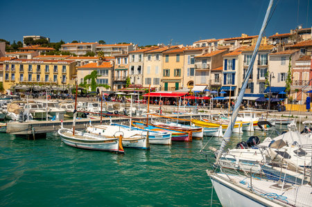 Sunny day in april in South of France, view on old fisherman's port with boats and colorful buildings in Cassis, Provence, Franceのeditorial素材