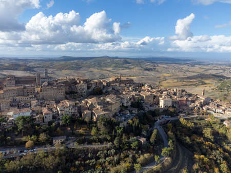 Aerial view on old town Montepulciano and hills witn vineyards, Tuscany, Italyの写真素材